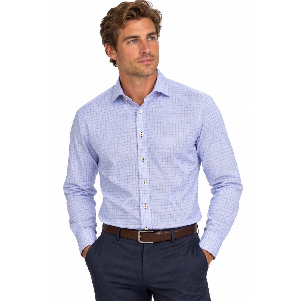 Twillory Safe Cotton Non-Iron Dress Shirt Blue Grid Tailored Men Size 15.5 32/33
